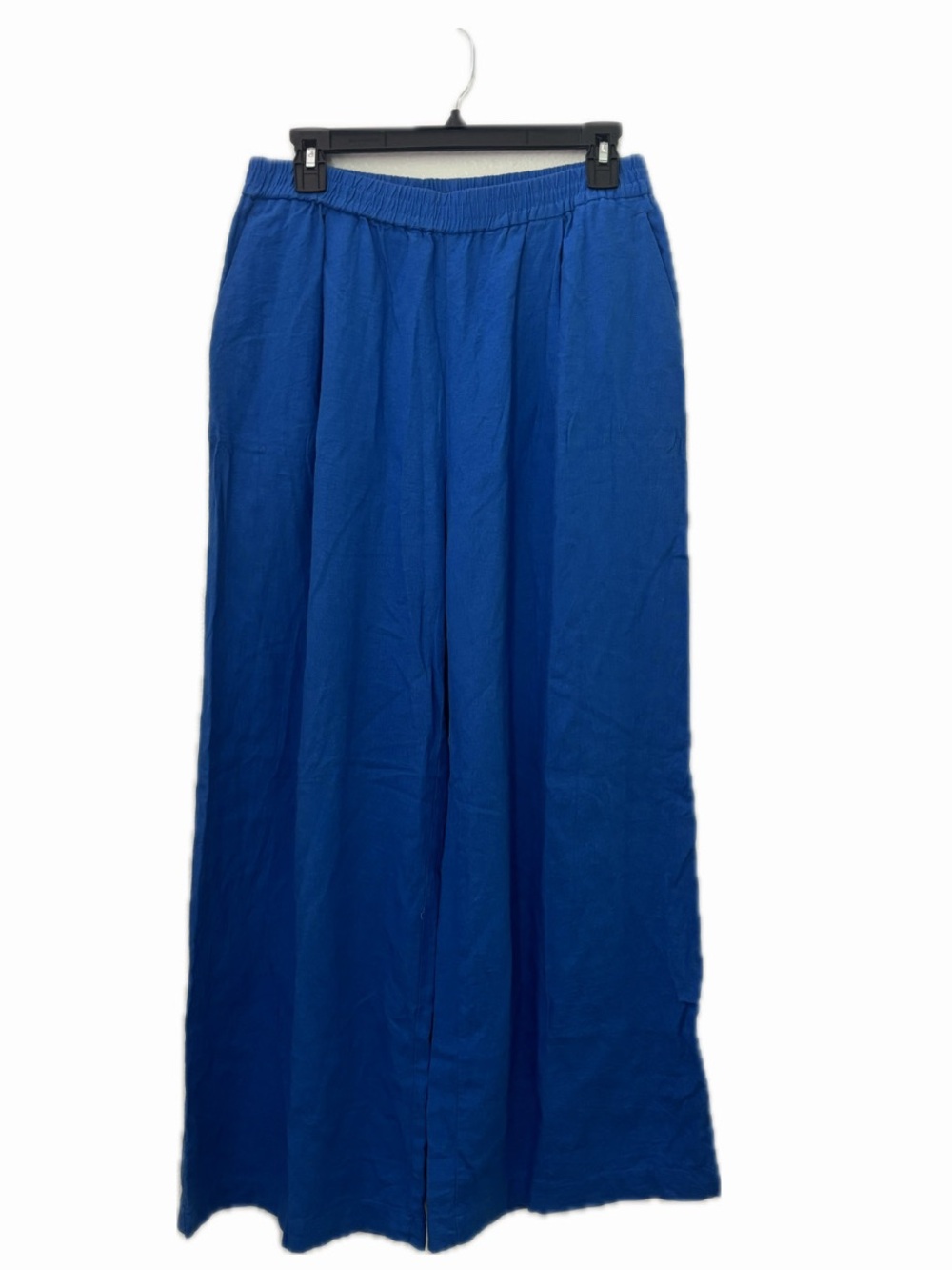 ZARA WOMEN L BLUE ELASTIC WAIST WIDE-LEG LINEN SOLID PANTS REGULAR FIT